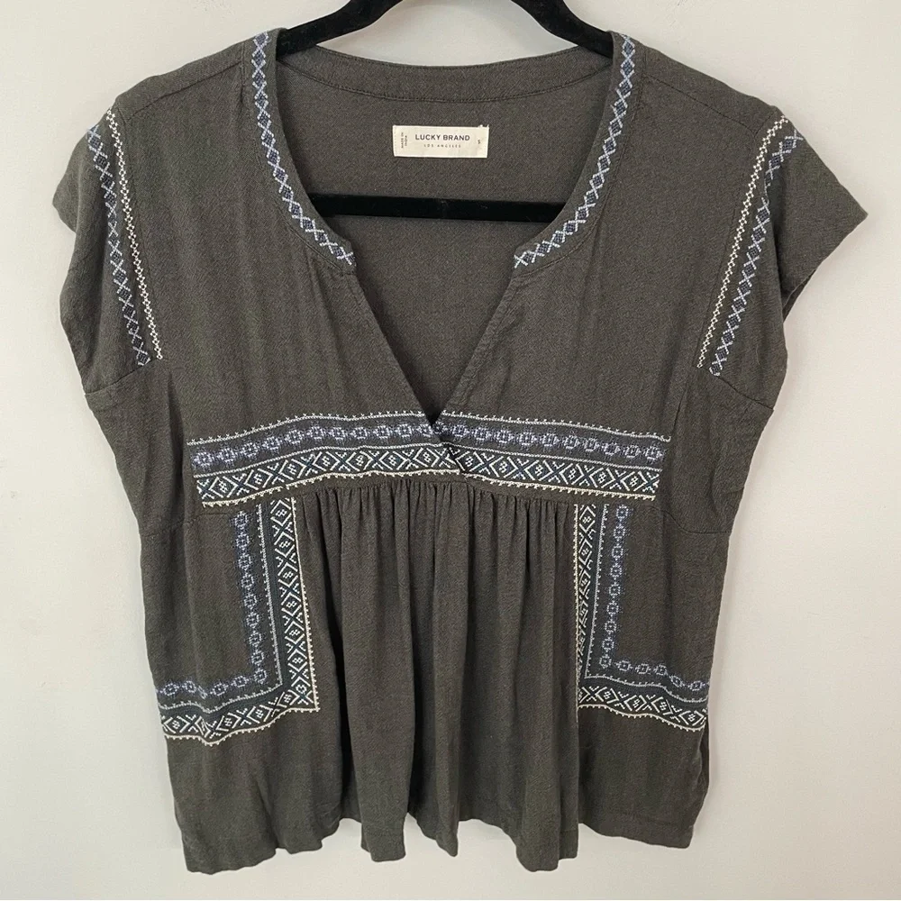 Lucky Brand Embroidered Geo Top Size Small Washed Black Boho Cross Stitch. 10 - Picture 2 of 11